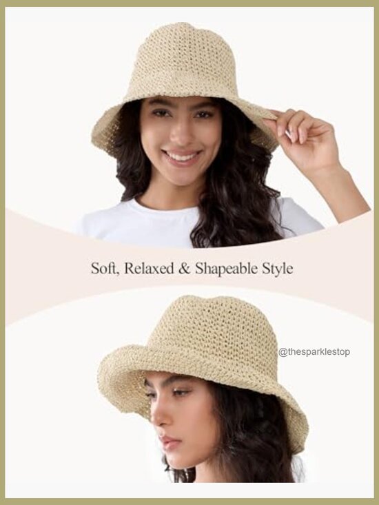 Crochet Straw Sun Hat with Wide Brim Foldable Beach Hat